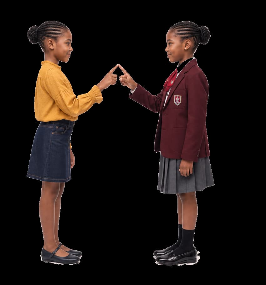 A girl in everyday clothes meeting her future self as a Petra Academy student